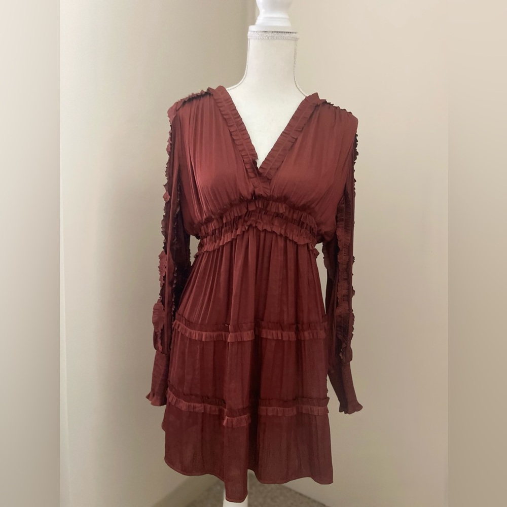 Orange Tiered V-Neck Sundress with Bishop Sleeves